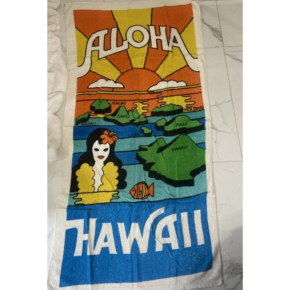 Vintage Hawaii Aloha Hula Girl Beach Towel Map Hawaiian Islands 28x56 Cotton USA